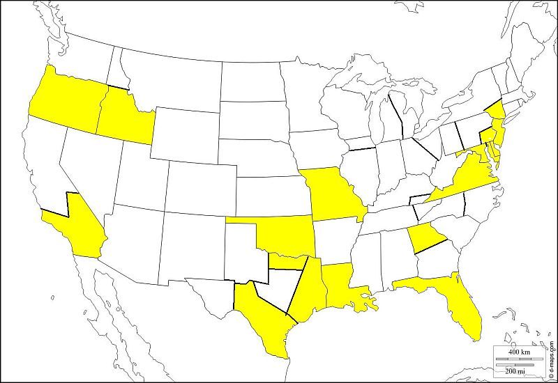map of United States, highlighted conferences are Oregon-Idaho, Cal-Pac, Oklahoma Indian, North Texas, Texas, Texas Rio Grande, Louisiana, Missouri, North Georgia, Virginia, Baltimore-Washington, Pen-Del, New Jersey.